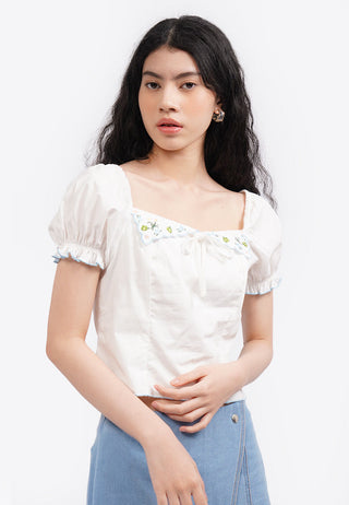 Áo Sơ Mi Cô Vuông Thêu Hoa Tay Phồng