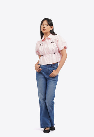 Áo Sơ Mi Peplum Tay Phồng Có Nơ