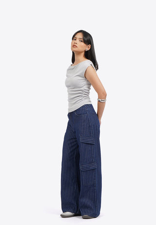 Quần Cargo Denim In Sọc Dọc