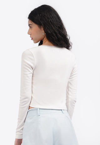 Áo Thun Dài Tay Cổ Đính Ren Croptop