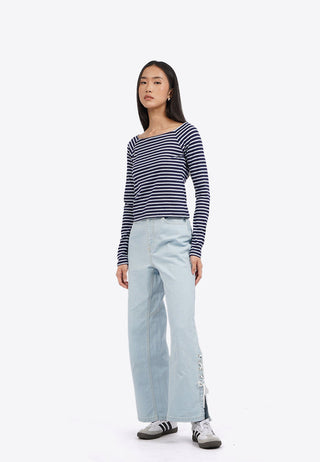 Áo Dài Tay Cổ Vuông Kẻ Ngang