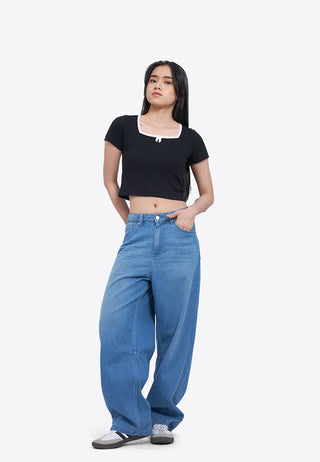 Áo Thun Croptop Cổ Vuông Phối Ren