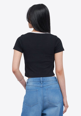 Áo Thun Croptop Cổ Vuông Phối Ren
